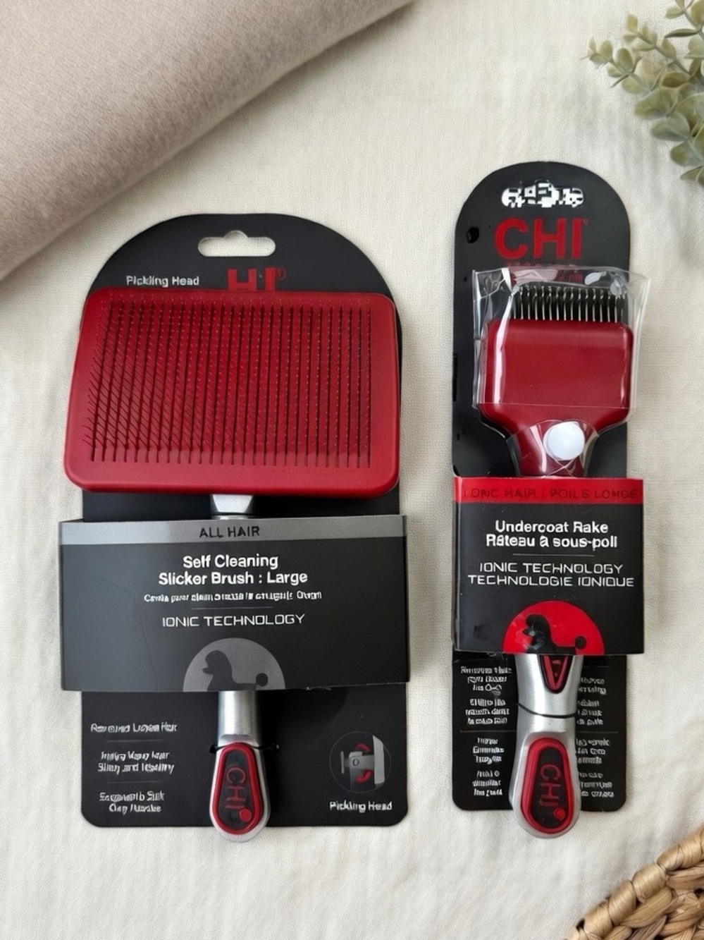 CHI Dog Grooming Set - Self-Cleaning Slicker Brush + Undercoat Rake ~ IonicTech